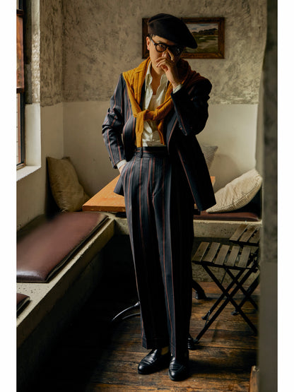 「Vintage Venetian Stripe」Suit Trousers with Italian-style Pure-wool Parisian Side Adjusters and High-Waisted