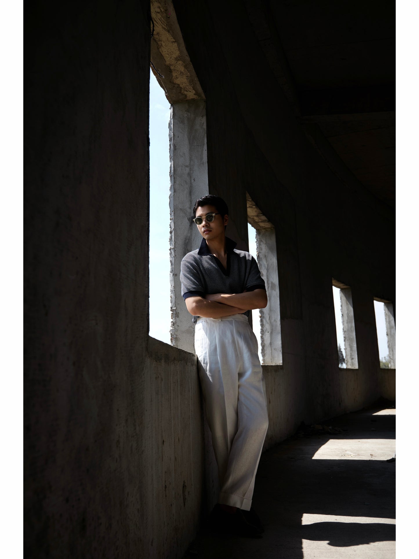 Open Collar Cotton Knitted Polo Indigo