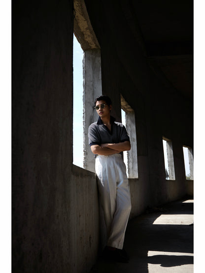 Open Collar Cotton Knitted Polo Indigo