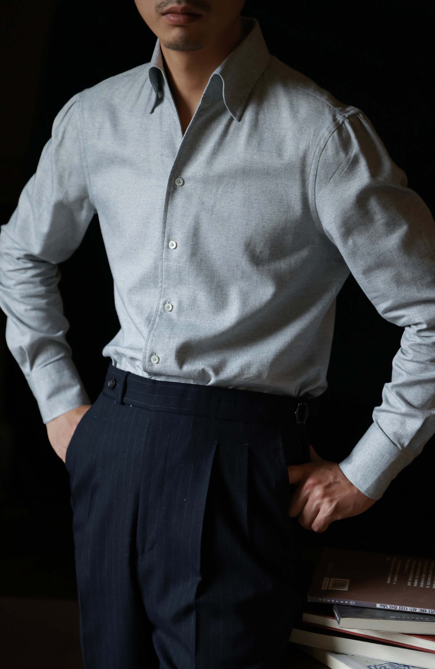 Brushed Cotton One-Piece Collar Shirt — Meteorite Grey Barleycorn