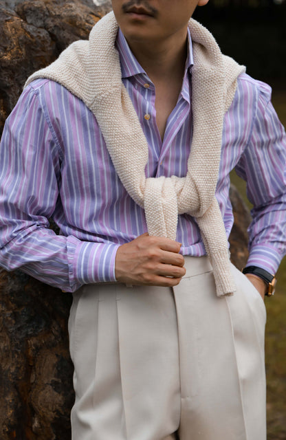 SÖKTAS Handcrafted Cutaway Collar Shirt — Provence lavender Stripe