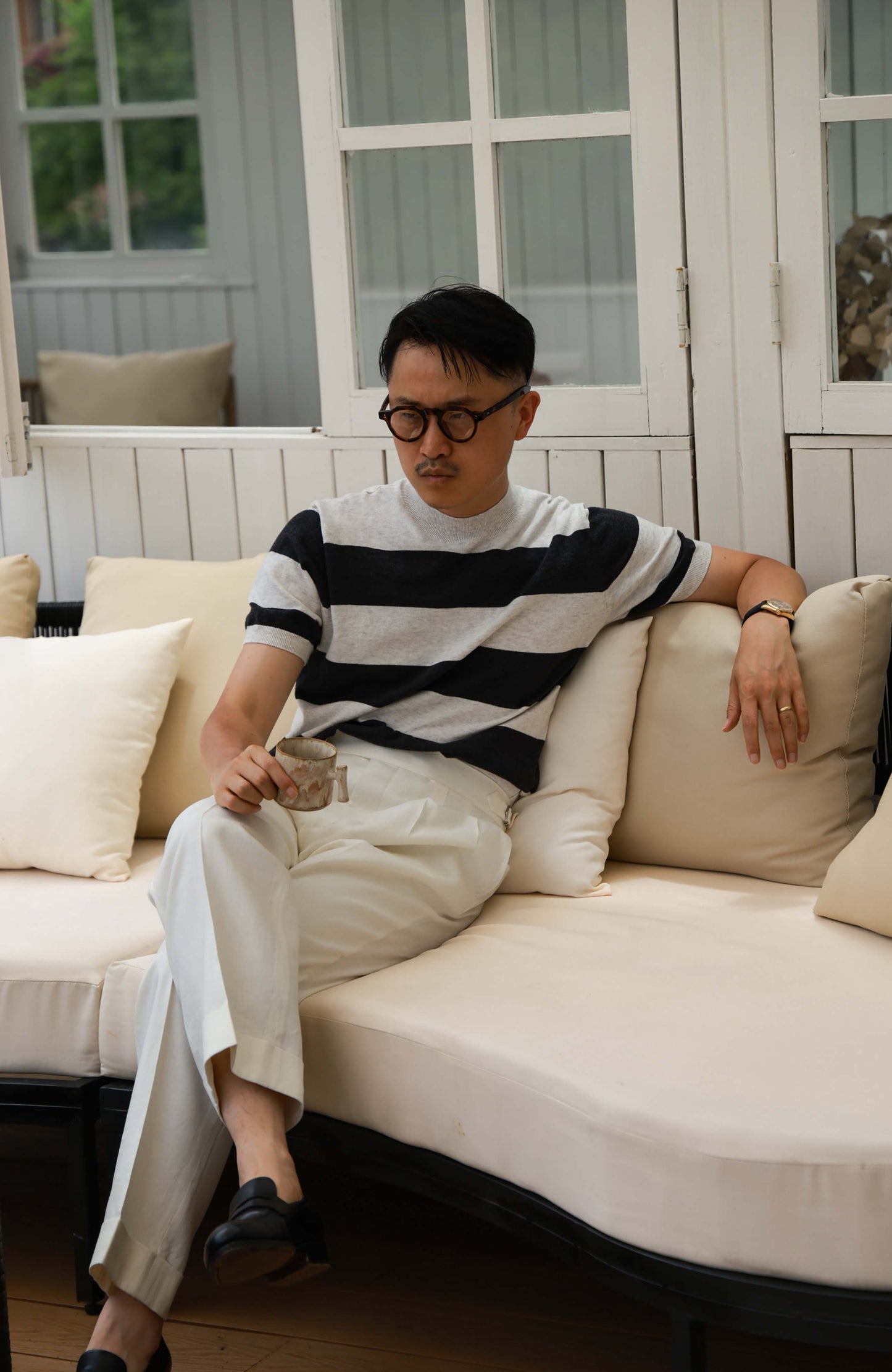 Cashmere-Cotton Knit Mock Neck T-Shirt — Shadow Grey Stripe