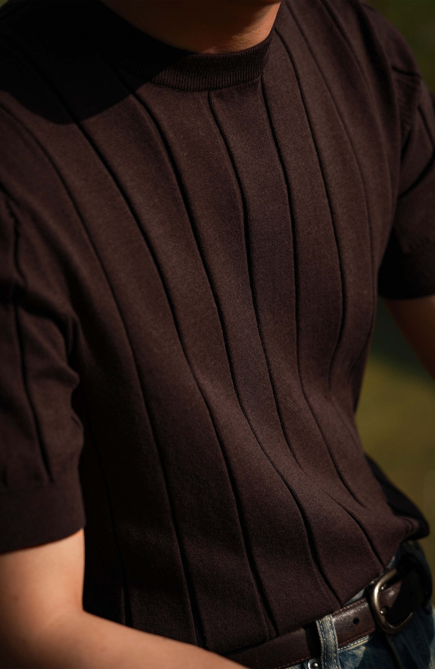 Cotton-Lyocell Blend Ribbed Unisex Knit Short-Sleeve T-Shirt — Dark Cocoa