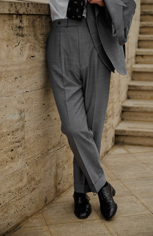 「London Grey」Suit Trousers with Merino Wool Parisian Side Adjusters and High-Waisted Single-Pleated