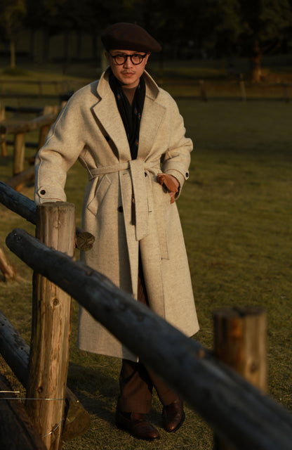 "Misty White" belted double-breasted double-faced wool coat 