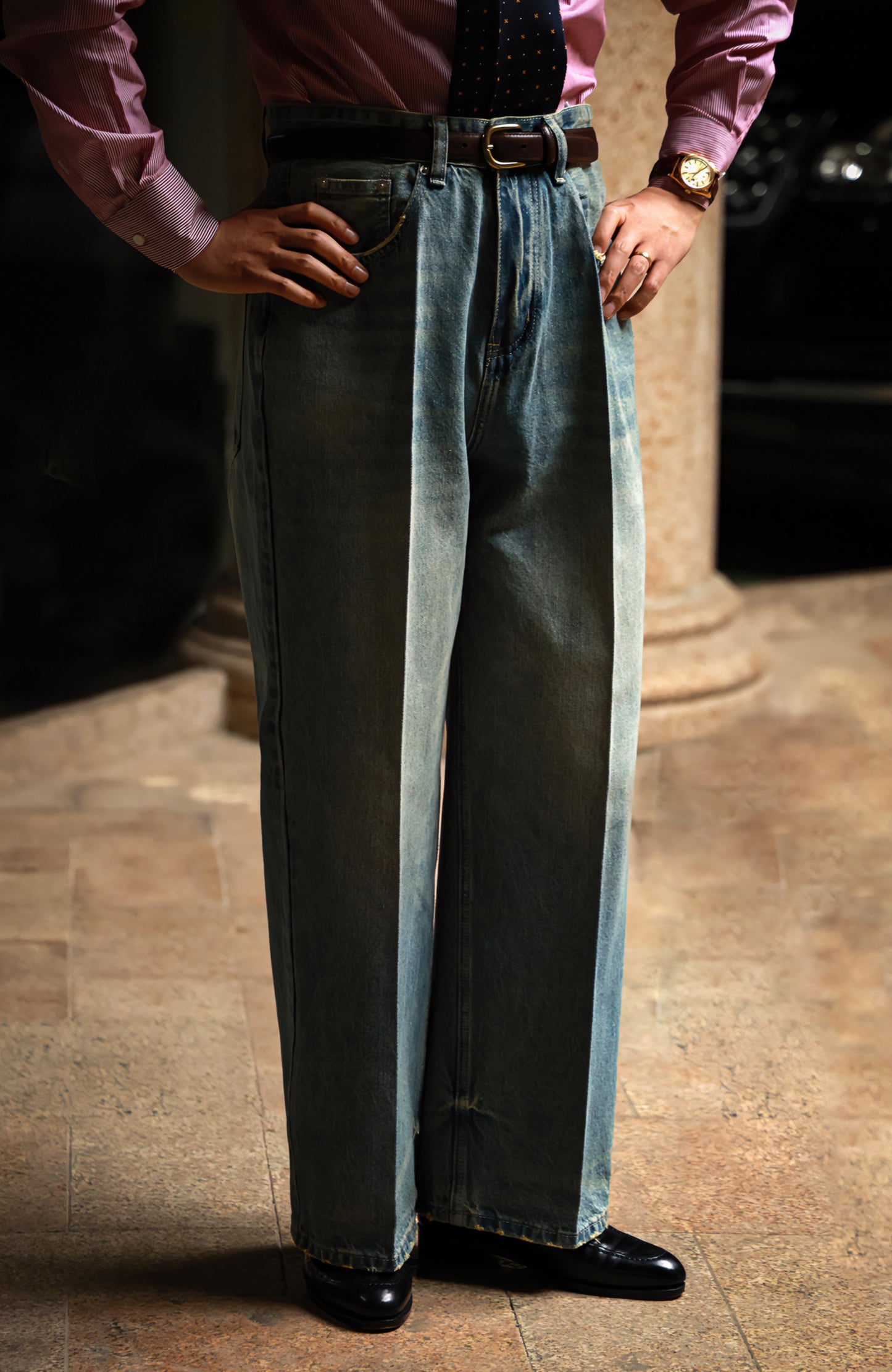 "Nostalgic Heavy Wash Denim" High Waist Wide Leg Jeans 