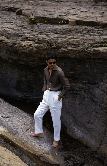 Linen Wide-Spread Collar Shirt — Driftwood Brown