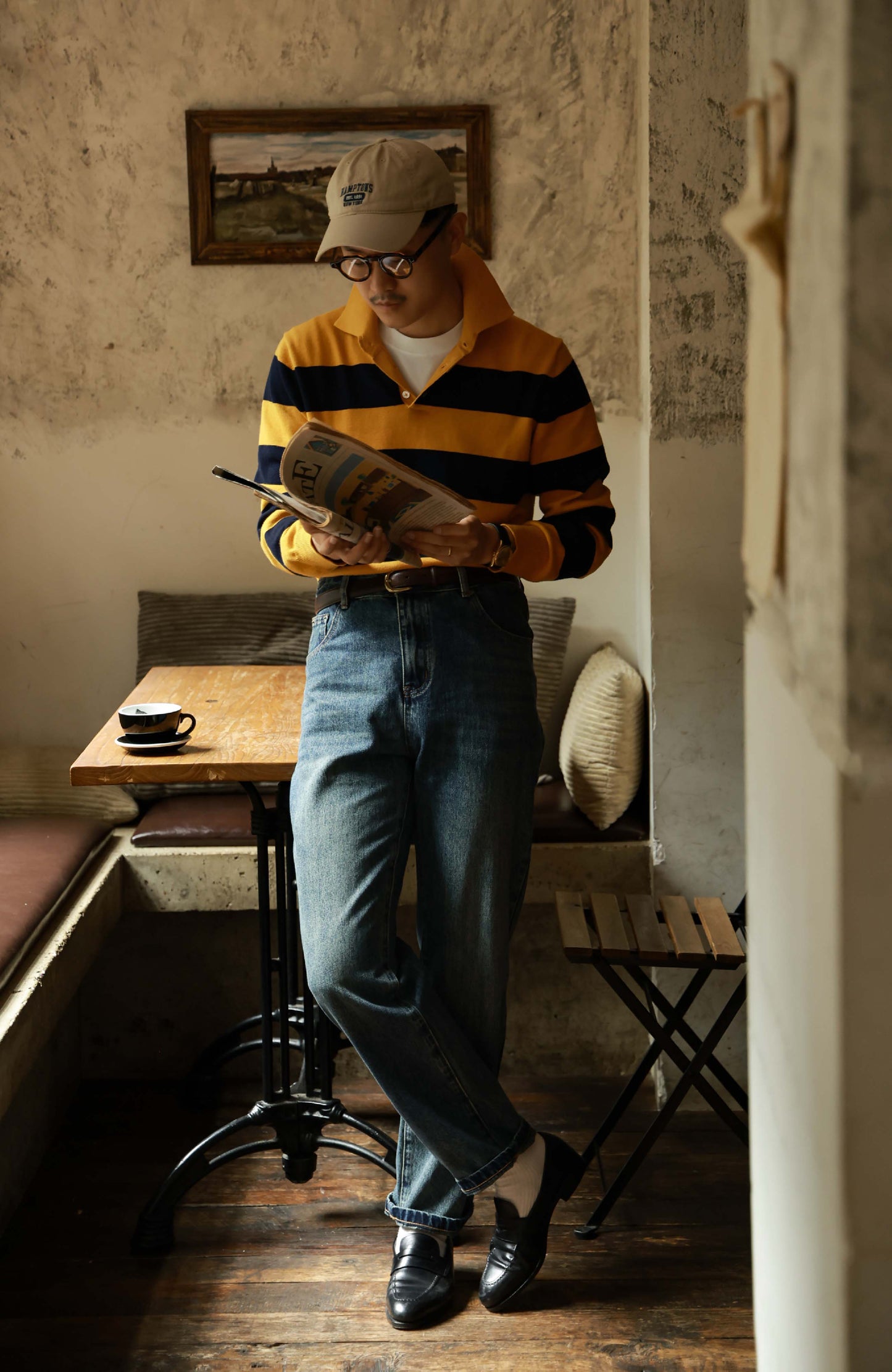 Cashmere Cotton Polo Sweater — Navy & Yellow Bold Stripe