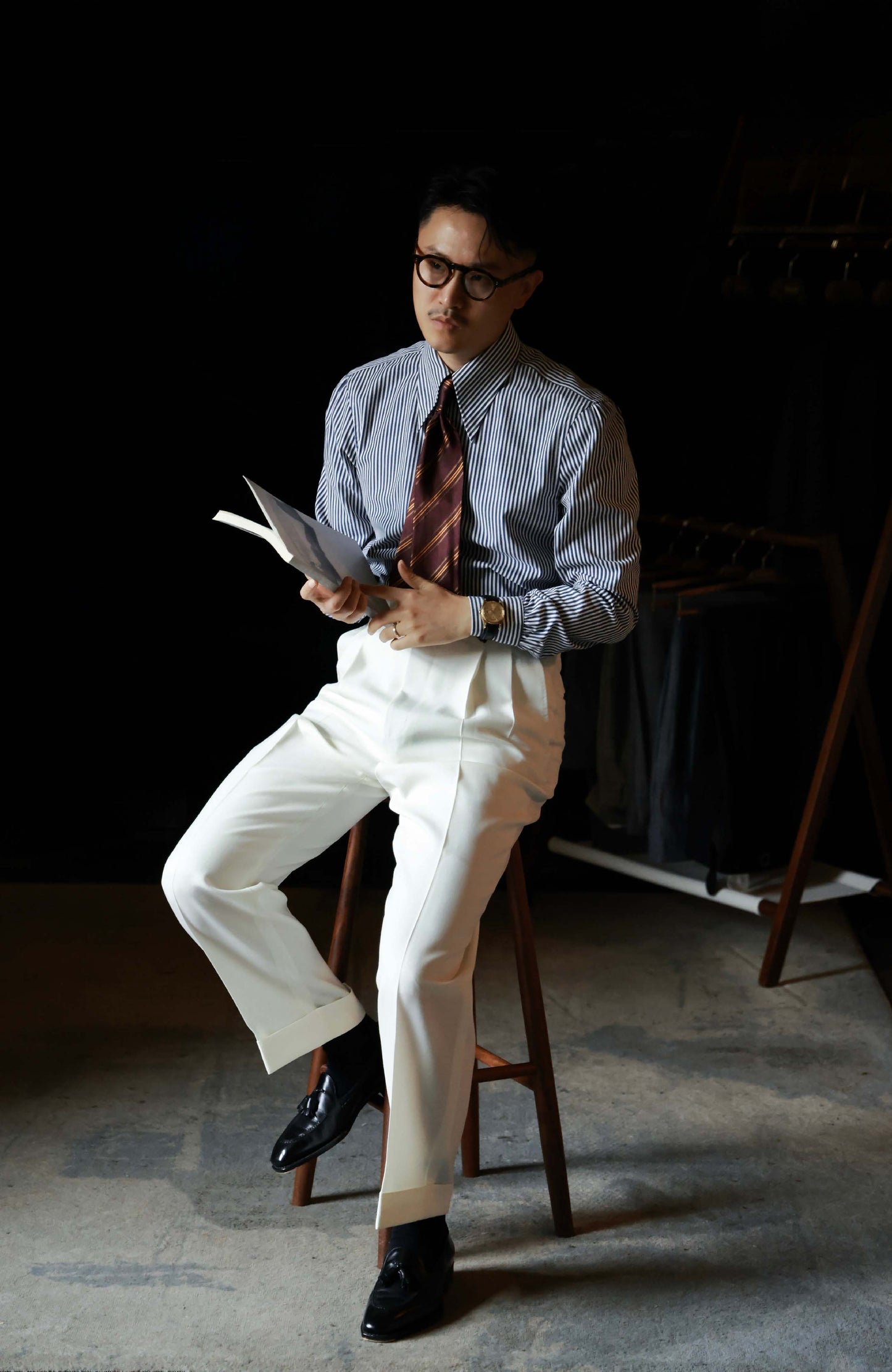 Brushed Cotton Wide-Spread Collar Shirt — Mist Blue Stripe