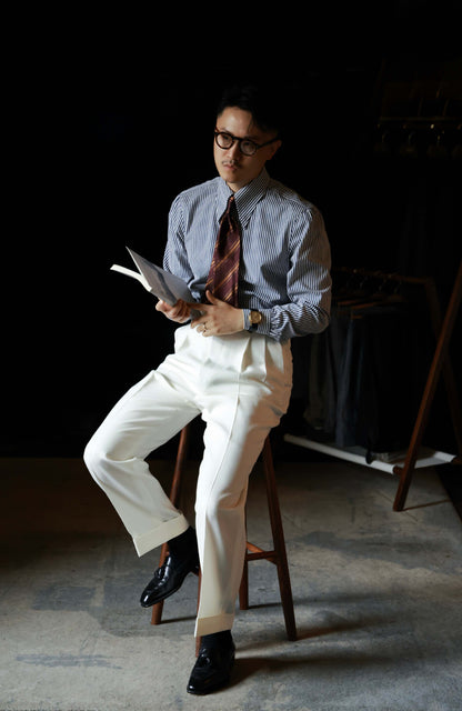 Brushed Cotton Wide-Spread Collar Shirt — Mist Blue Stripe