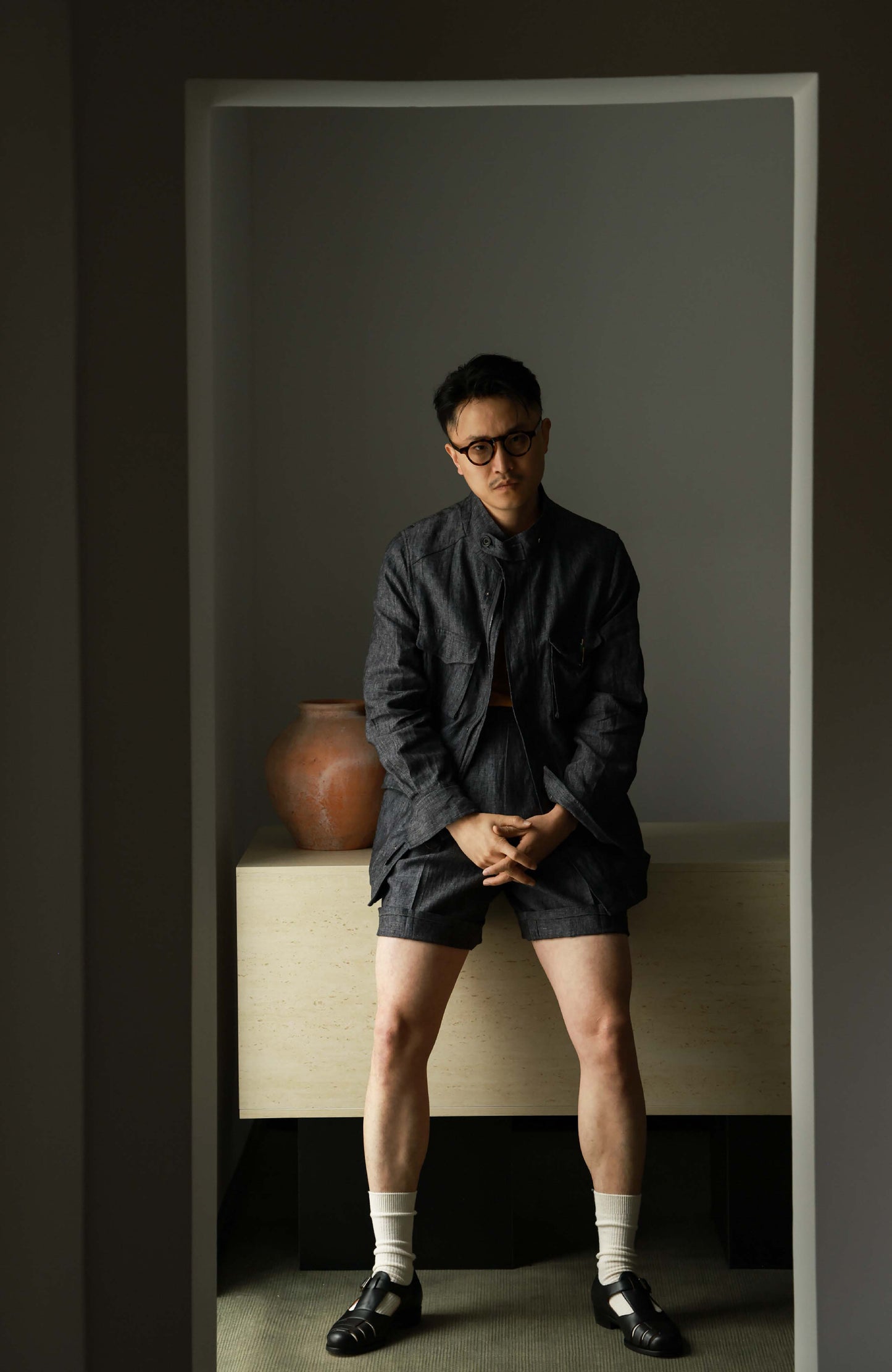 Heavyweight Linen Washed Safari Jacket — Wilderness Grey Denim