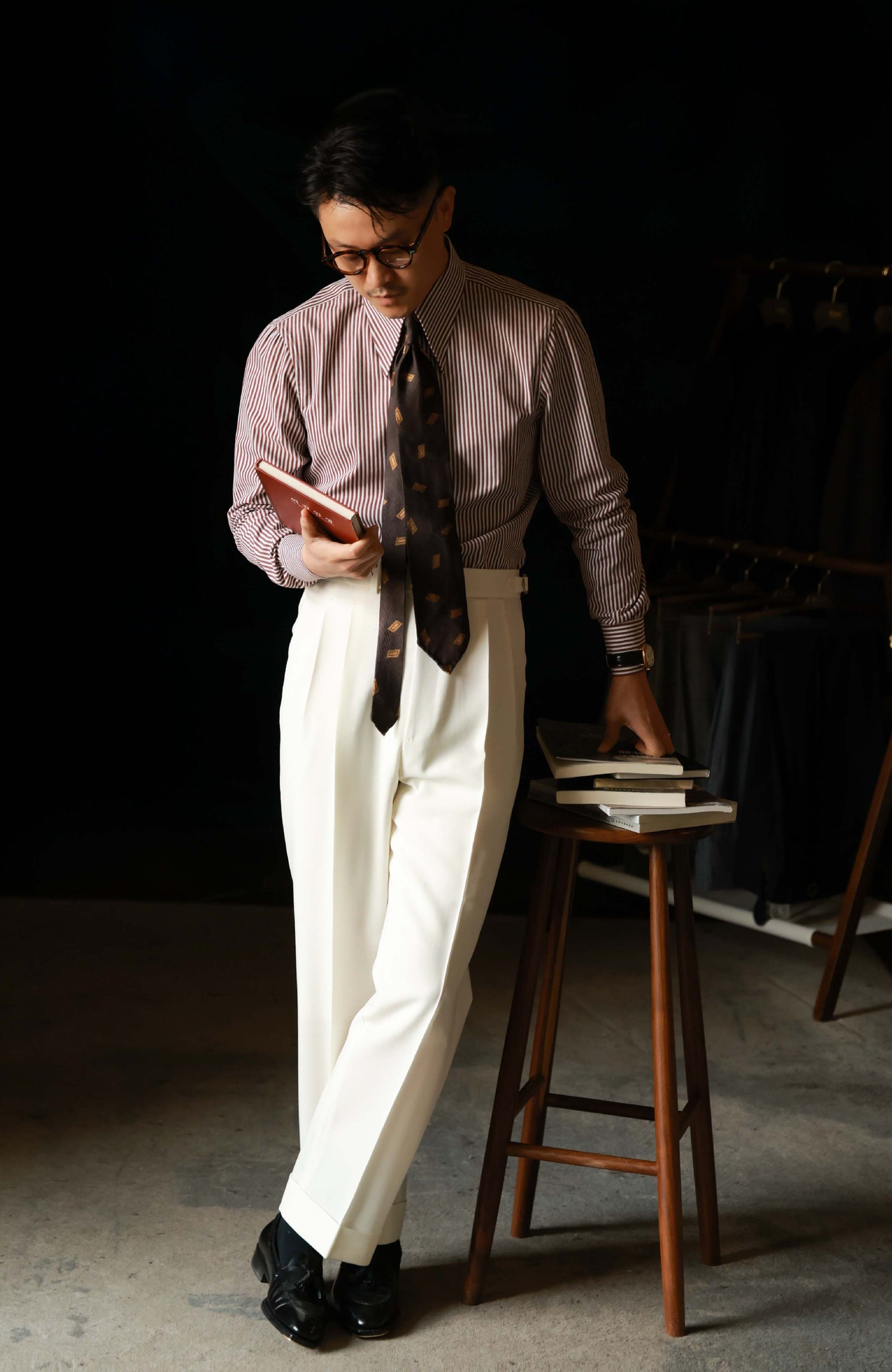 Brushed Cotton Wide-Spread Collar Shirt — Burgundy Stripe