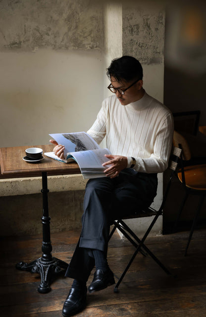 High-Waisted Flannel Suit Trousers with Parisian Side Adjusters — Mist Grey