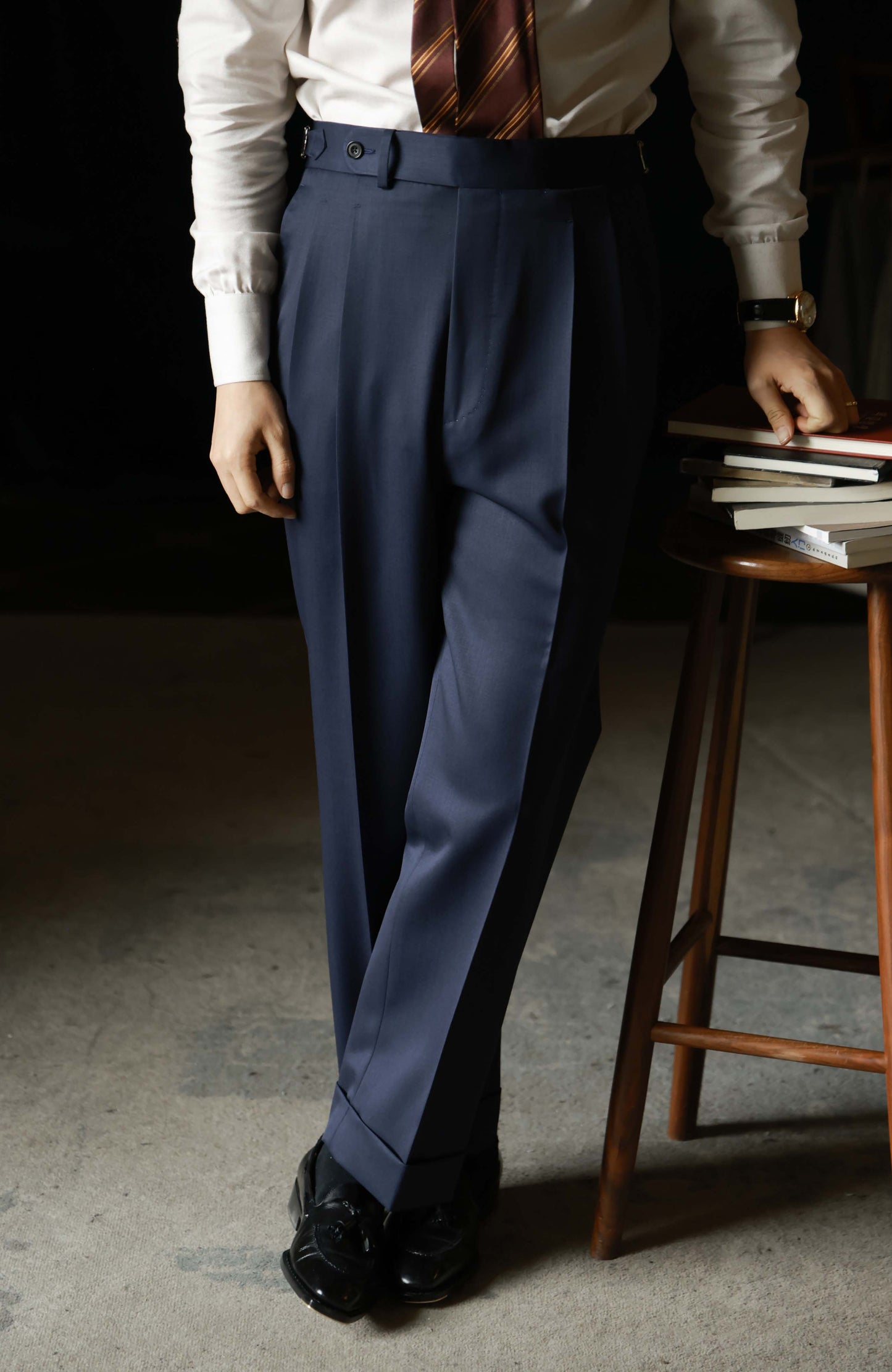 Superfine Twill Wool High-Waisted Suit Trousers with Parisian Side Adjusters — Prussian Blue
