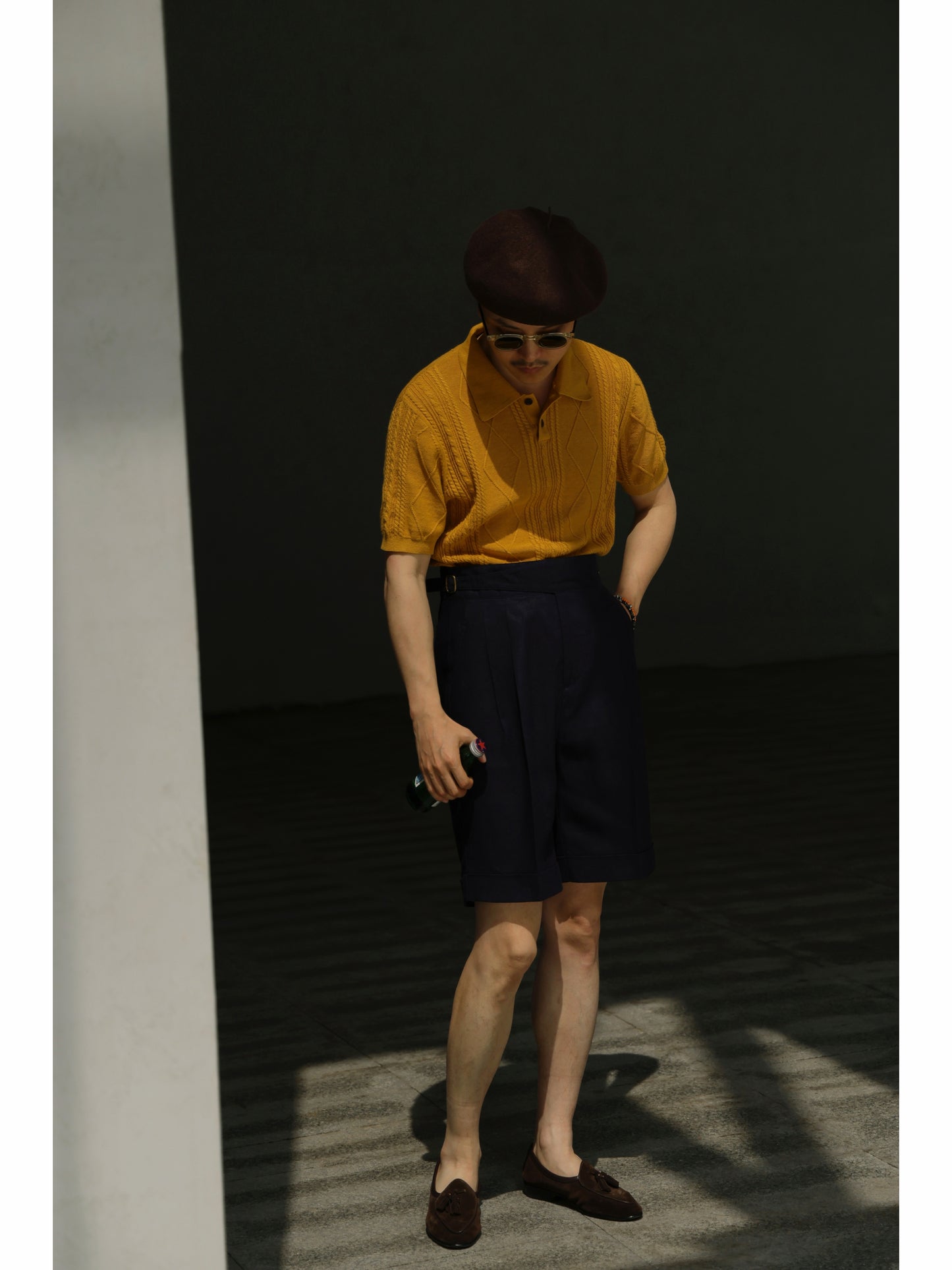 Linen/Cotton Knitted Polo Beige Amber Gold