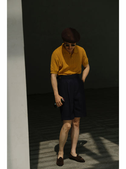 Linen/Cotton Knitted Polo Beige Amber Gold