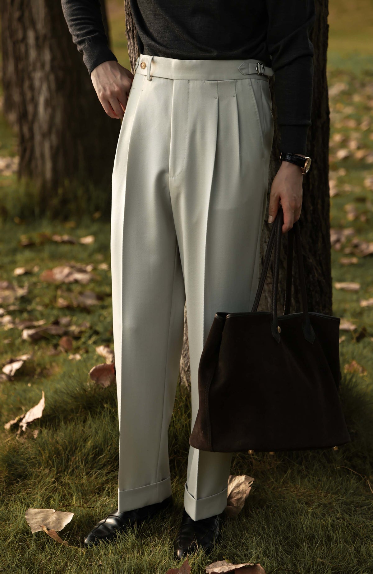 Heavyweight Cavalry Twill Wool High-Waisted Suit Trousers with Side-Adjusters —  Heritage Charcoal