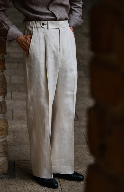 Heavyweight Linen Permanent-Crease Hidden-Drawstring Trousers — Sand Mist White