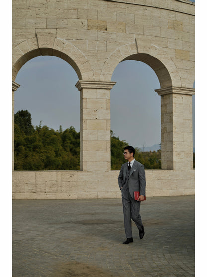 「London Grey」Suit Trousers with Merino Wool Parisian Side Adjusters and High-Waisted Double-Pleated