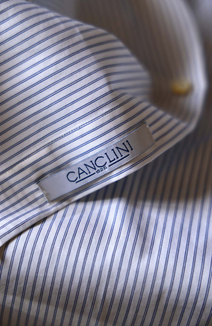 CANCLINI Cotton Handcrafted Long Point Collar Shirt — Dusty Blue Stripe
