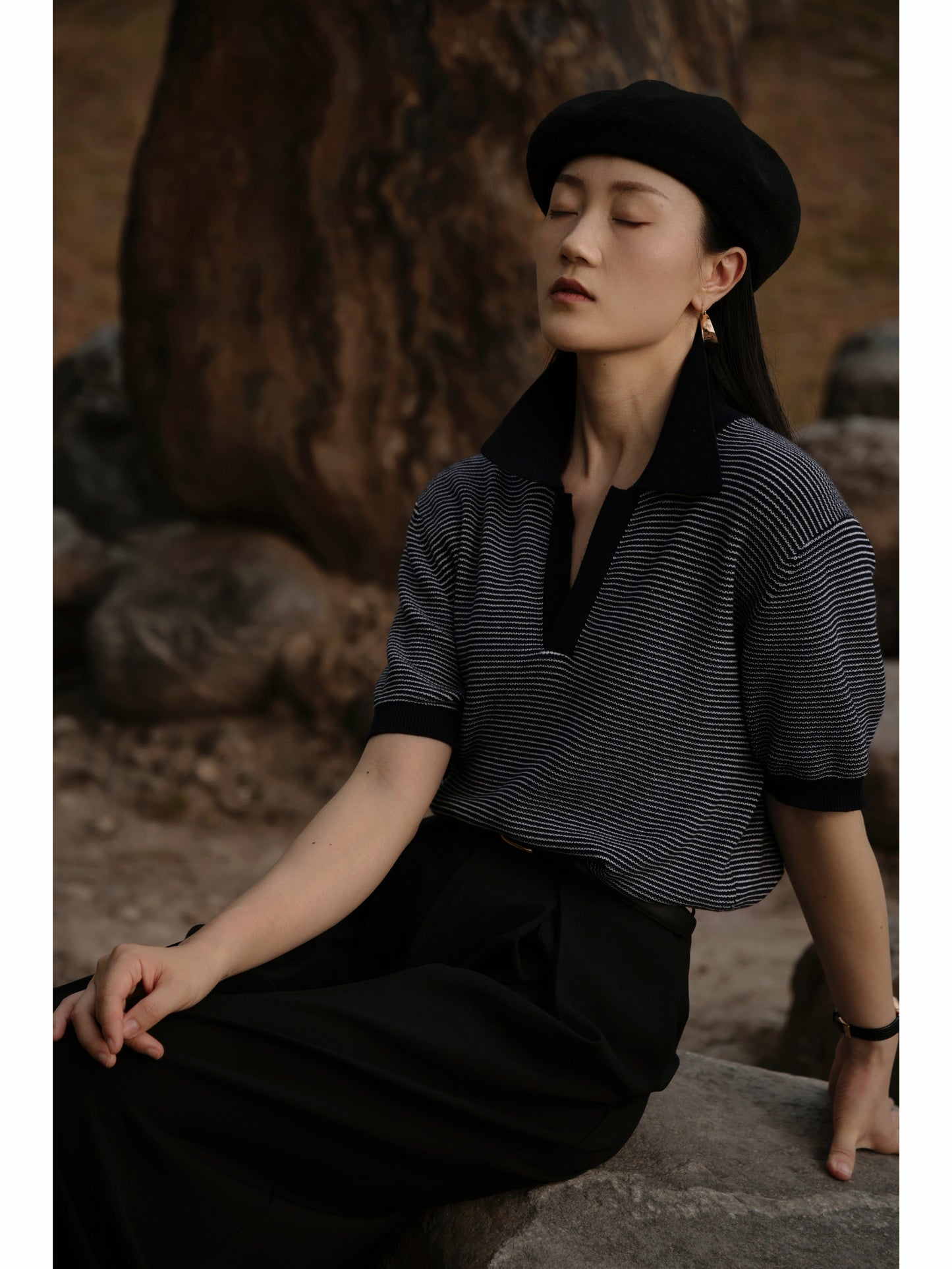 Open Collar Cotton Knitted Polo Indigo