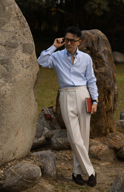 Handcrafted Button-down Collar Shirt in Mulberry Silk — Moonlit Blue Stripe