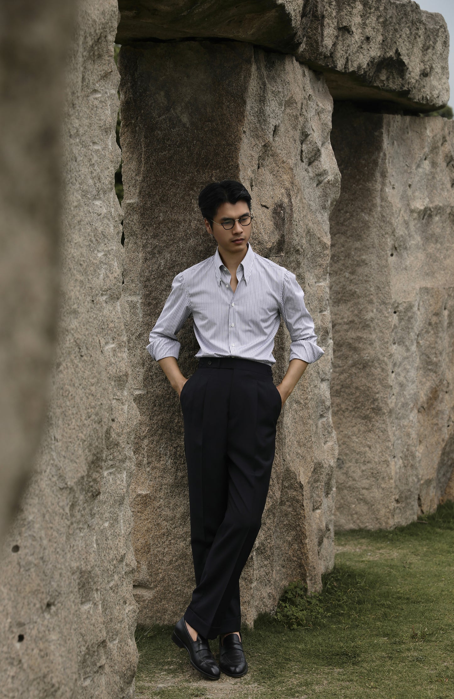 CANCLINI Cotton Handcrafted Long Point Collar Shirt — Como Mist Grey