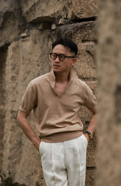 Cashmere Cotton 16-Gauge Knit Short-Sleeve Polo — Misty Apricot/ Misty Gray