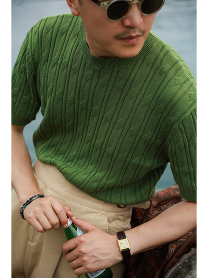「Bamboo Emerald」cable stitch linen Unisex Dropped-shoulder sleeve Knit Short-Sleeve T-Shirt