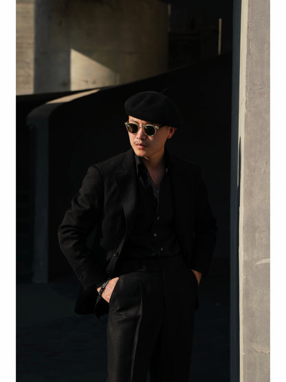 「Midnight Cavalier」Suit Trousers with Italian-style Heavyweight Wool- Linen Blend Parisian Side Adjusters and High-Waisted Double-Pleated