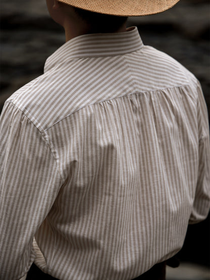 「Oakwood Stripe」Italian-style Button-down Collar Linen-Cotton Casual Gentleman's Long-Sleeve Shirt