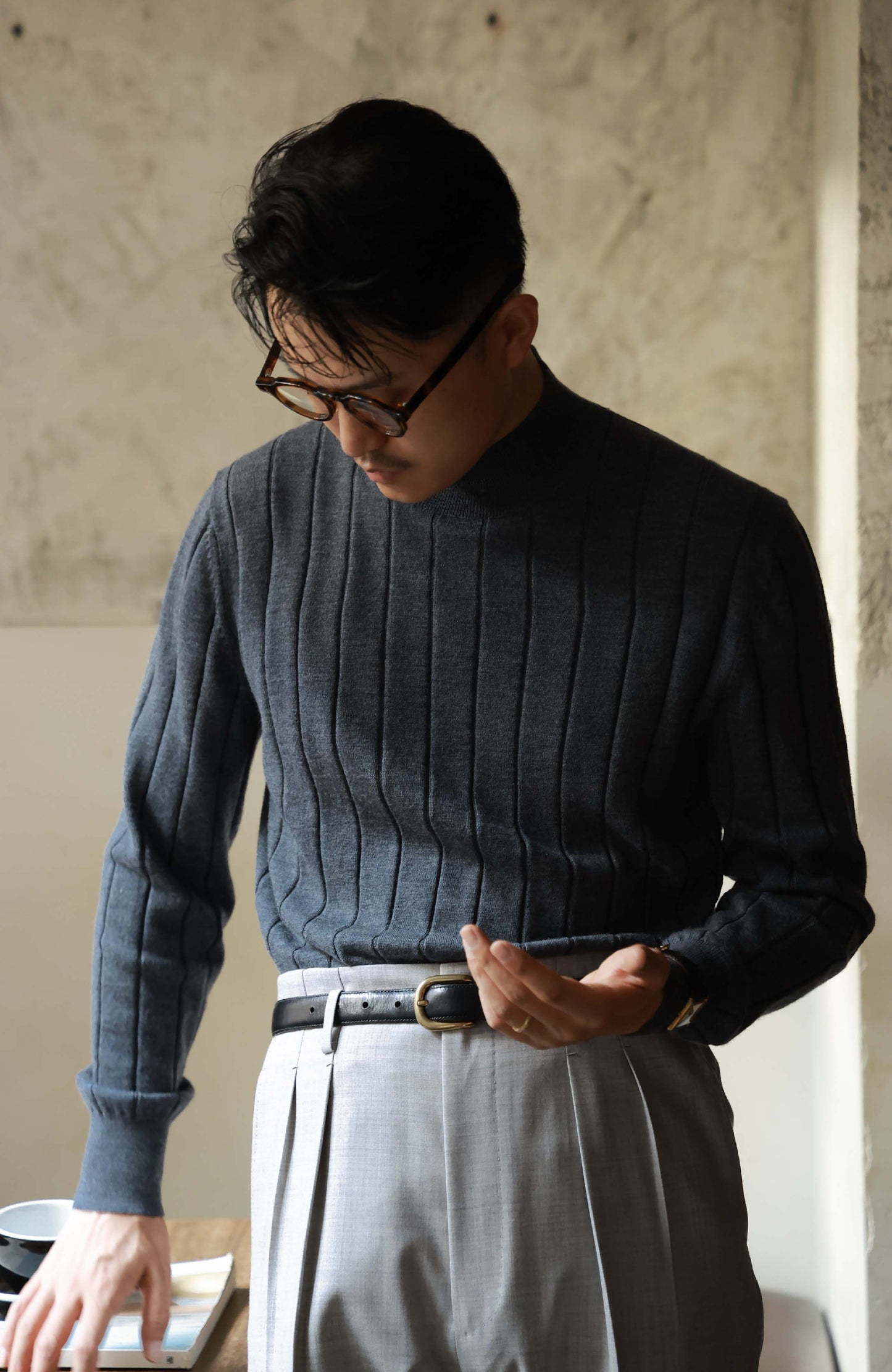 100% Merino Wool Ribbed Mock Neck Sweater — Volcanic Grey