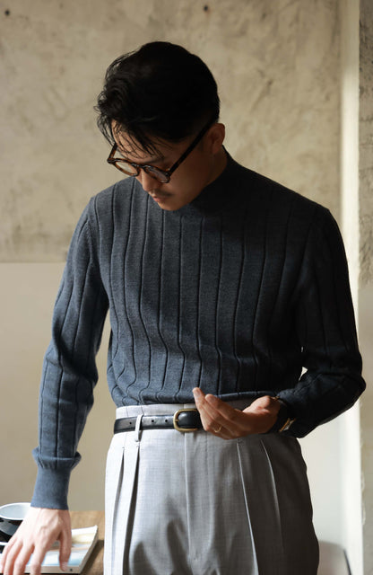 100% Merino Wool Ribbed Mock Neck Sweater — Volcanic Grey
