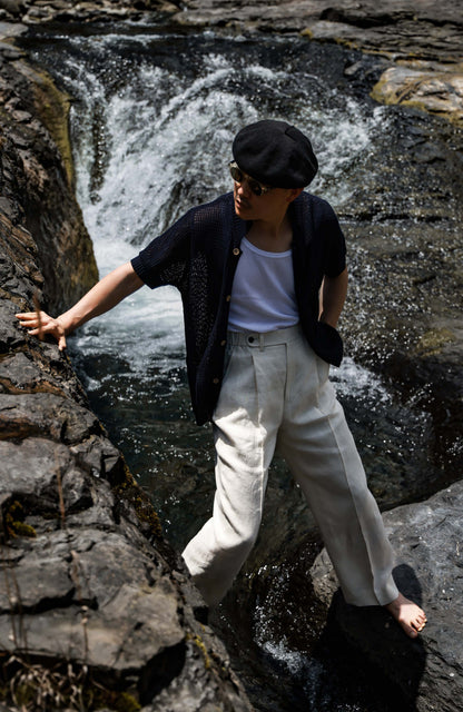 Openwork Hard-Twist Cotton Short-Sleeve Cardigan — Mossy Shadow