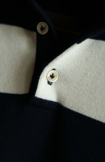 Cashmere Cotton Polo Sweater — Navy & White Bold Stripe