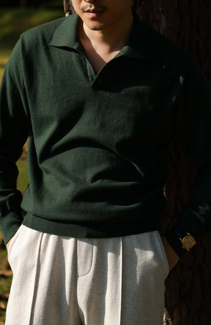 Cashmere Cotton One-Piece Polo Sweater — Jungle Green