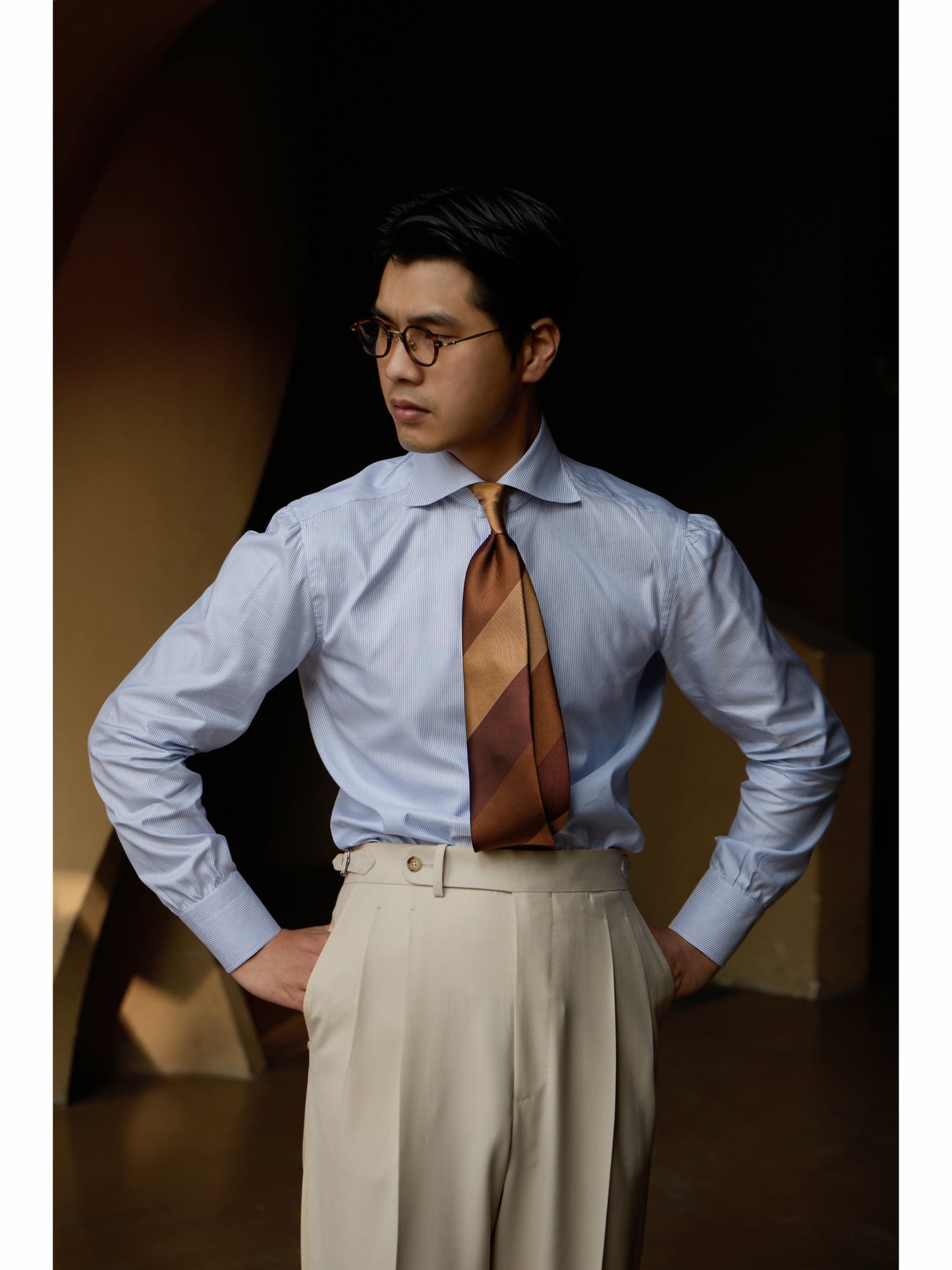 Handcrafted Spread Collar Shirt in Mulberry Silk — Moonlit Blue Stripe