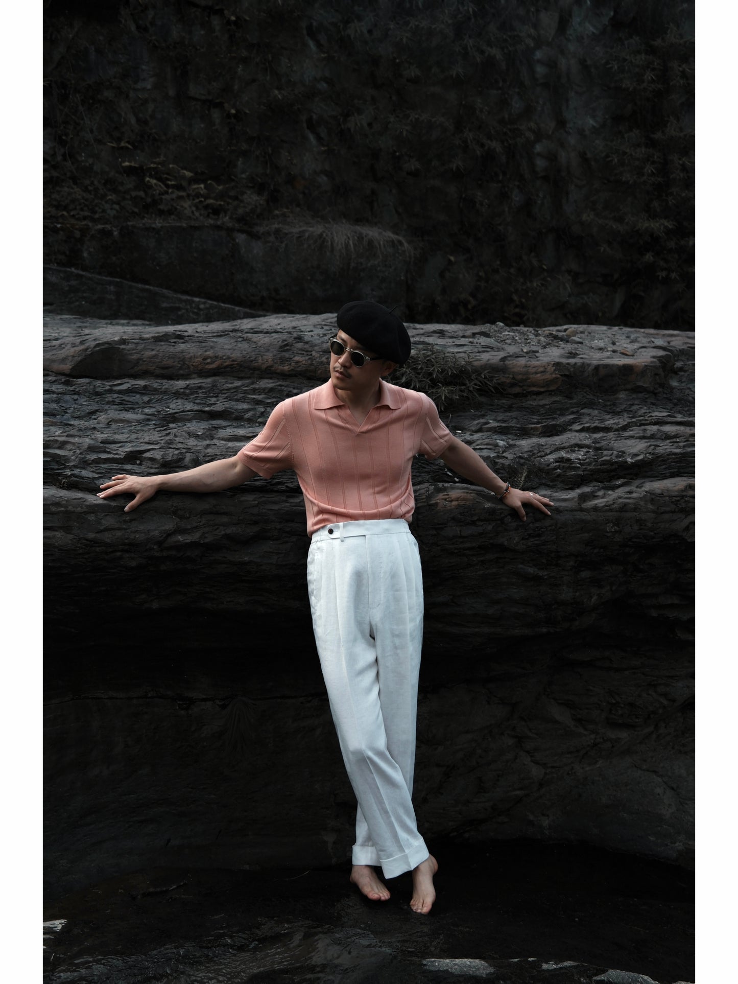 「Cold Sea Coral」Mulberry silk-cashmere blend Unisex Knit Short-Sleeve Polo Shirt