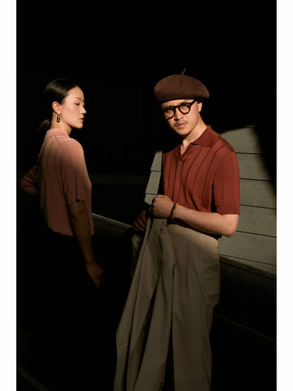 「Tramonto Caramello」Mulberry silk-cashmere blend Unisex Knit Short-Sleeve Polo Shirt