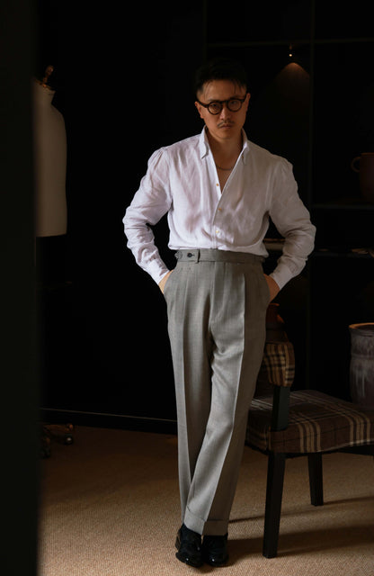 Silk-Wool-Linen Blend Herringbone High-Waisted Trousers with Side-Adjusters — Galaxy Grey