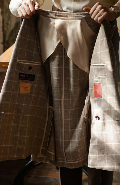 MOON Full-Canvas Double-Breasted Silk & Linen Suit Jacket — Taupe Windowpane