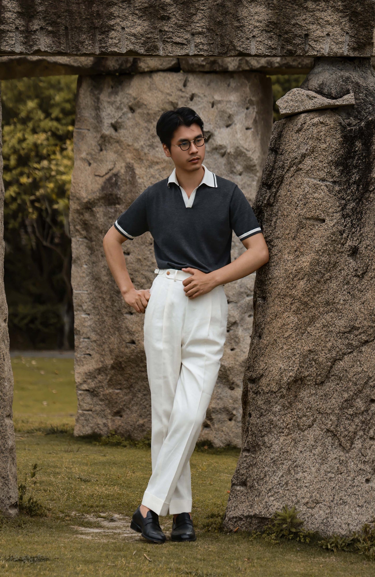 Silk Linen Cotton 16-Gauge Knit Short-Sleeve Polo — Clay Beige / Moonrock Grey