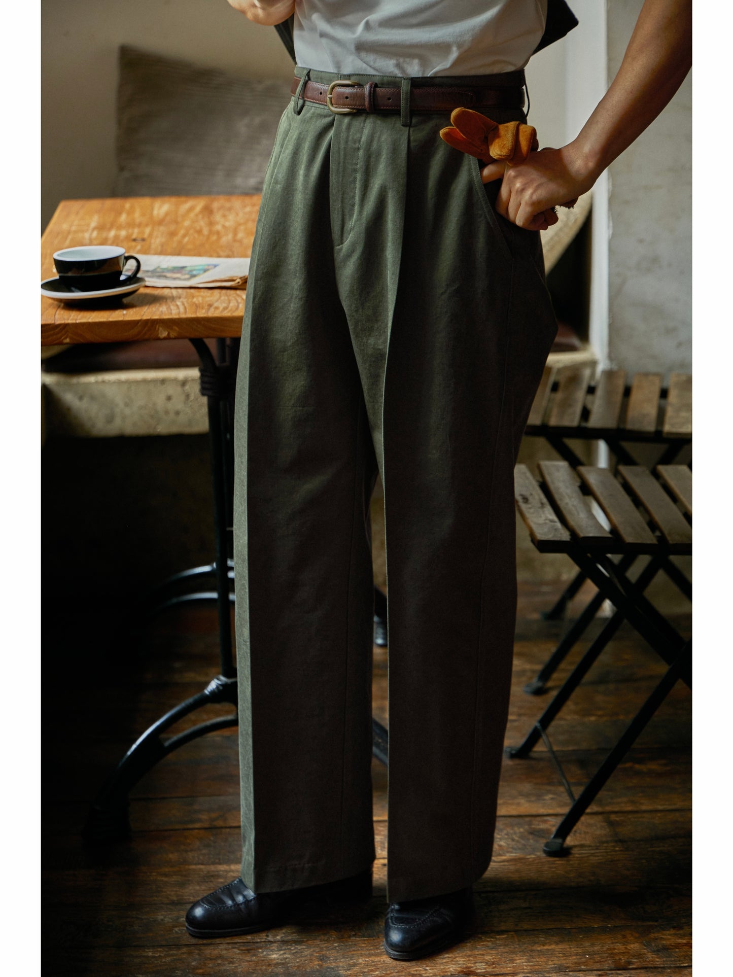 「Mist Forest」Vintage High-density-Cotton High-Waisted Wide-Leg Pant