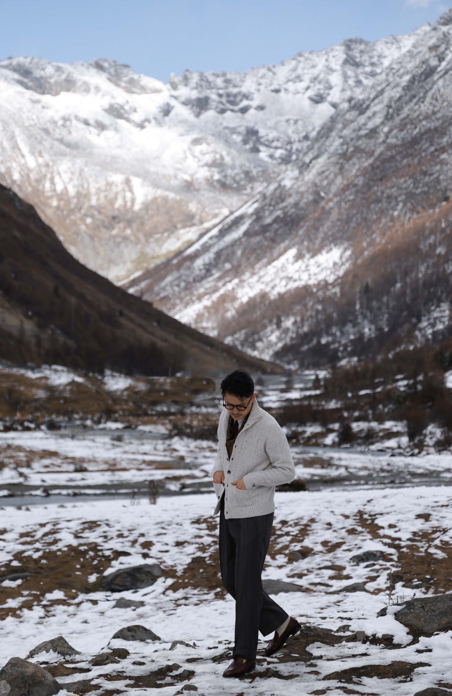 Aran-Cable Wool Cardigan High-Neck Sweater — Speckled Ivory