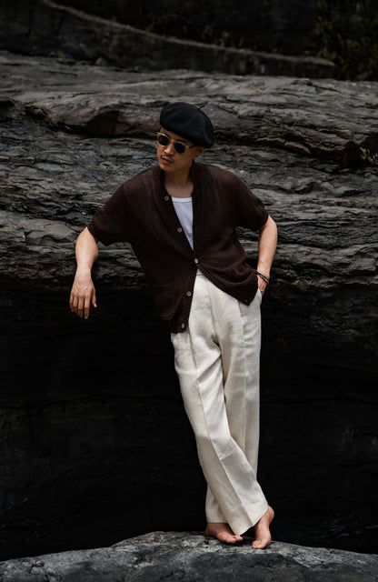 Openwork Hard-Twist Cotton Short-Sleeve Cardigan — Palm Stain