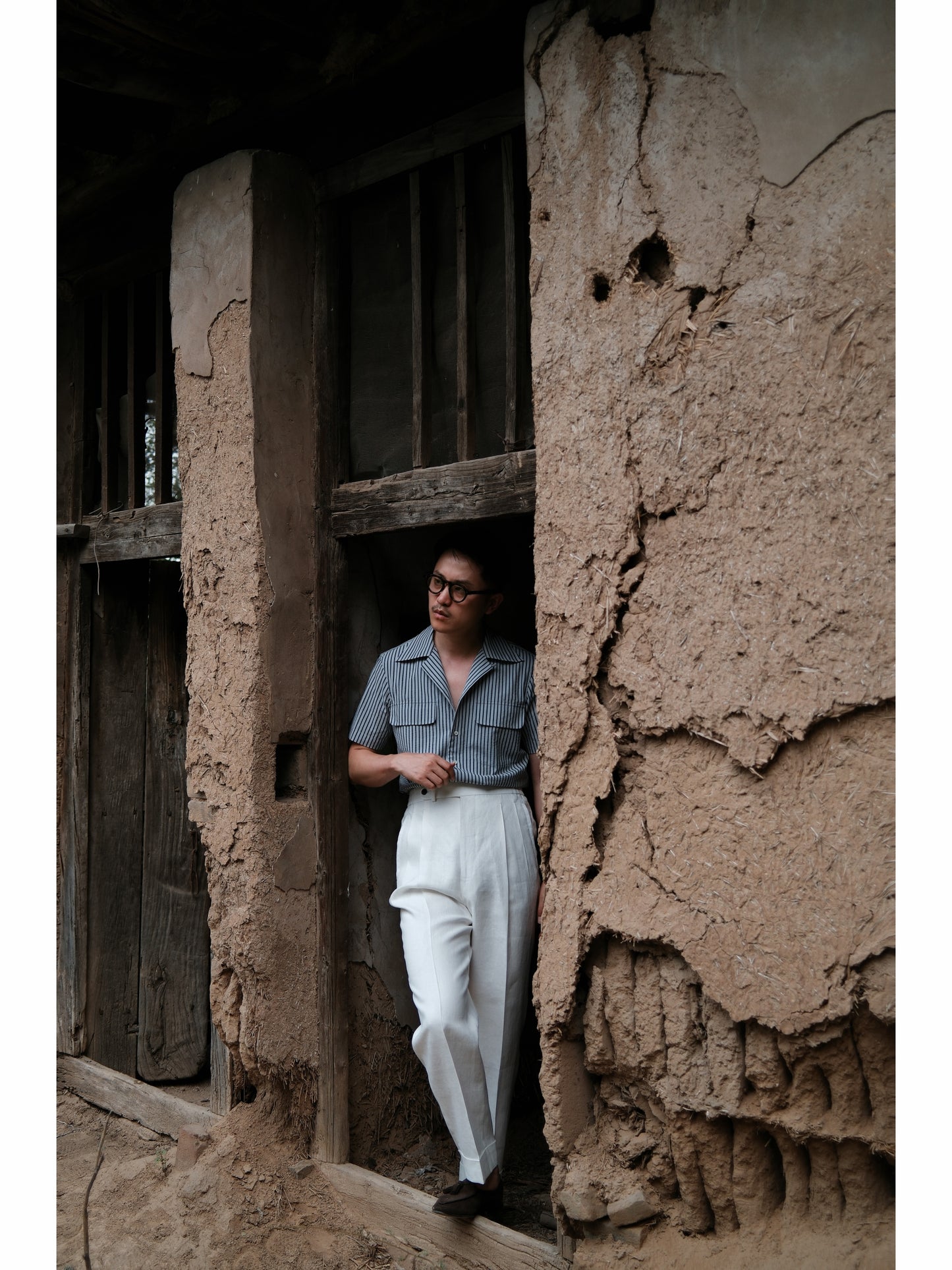 Cuban Collar Short Sleeve Shirt — Navy Stripe Seersucker
