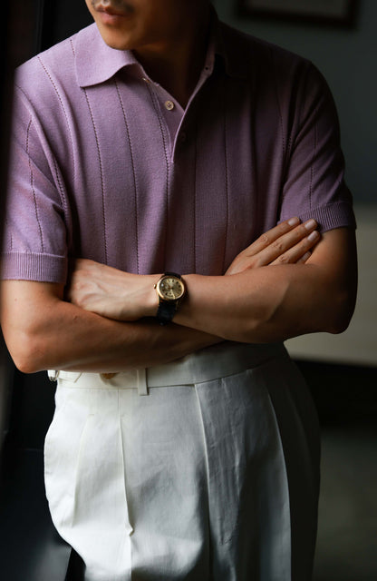 Lyocell-Cotton Linen Blend Ribbed Knit Polo Shirt — Lavender Mist