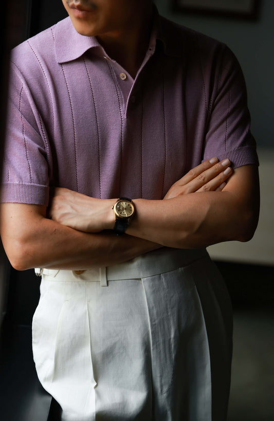 Lyocell-Cotton Linen Blend Ribbed Knit Polo Shirt — Lavender Mist
