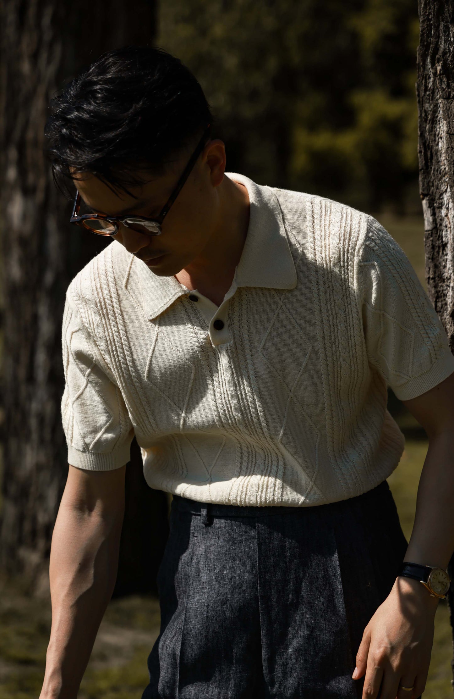 Linen Vintage Braided Unisex Knit Polo — Apricot White