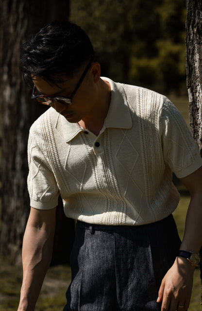 Linen Vintage Braided Unisex Knit Polo — Apricot White